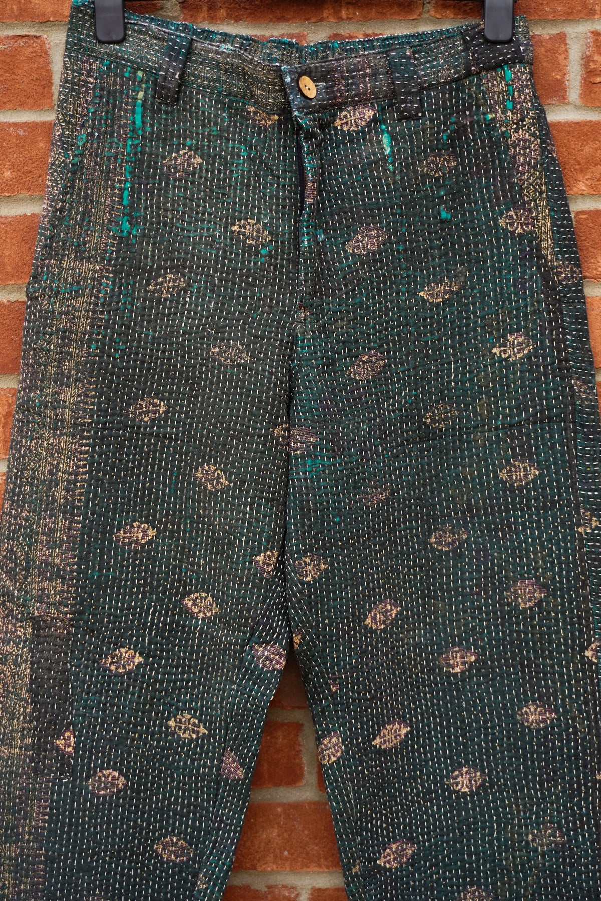 Emerald and Gold Vintage Kantha Trousers No. XXVI — One of One