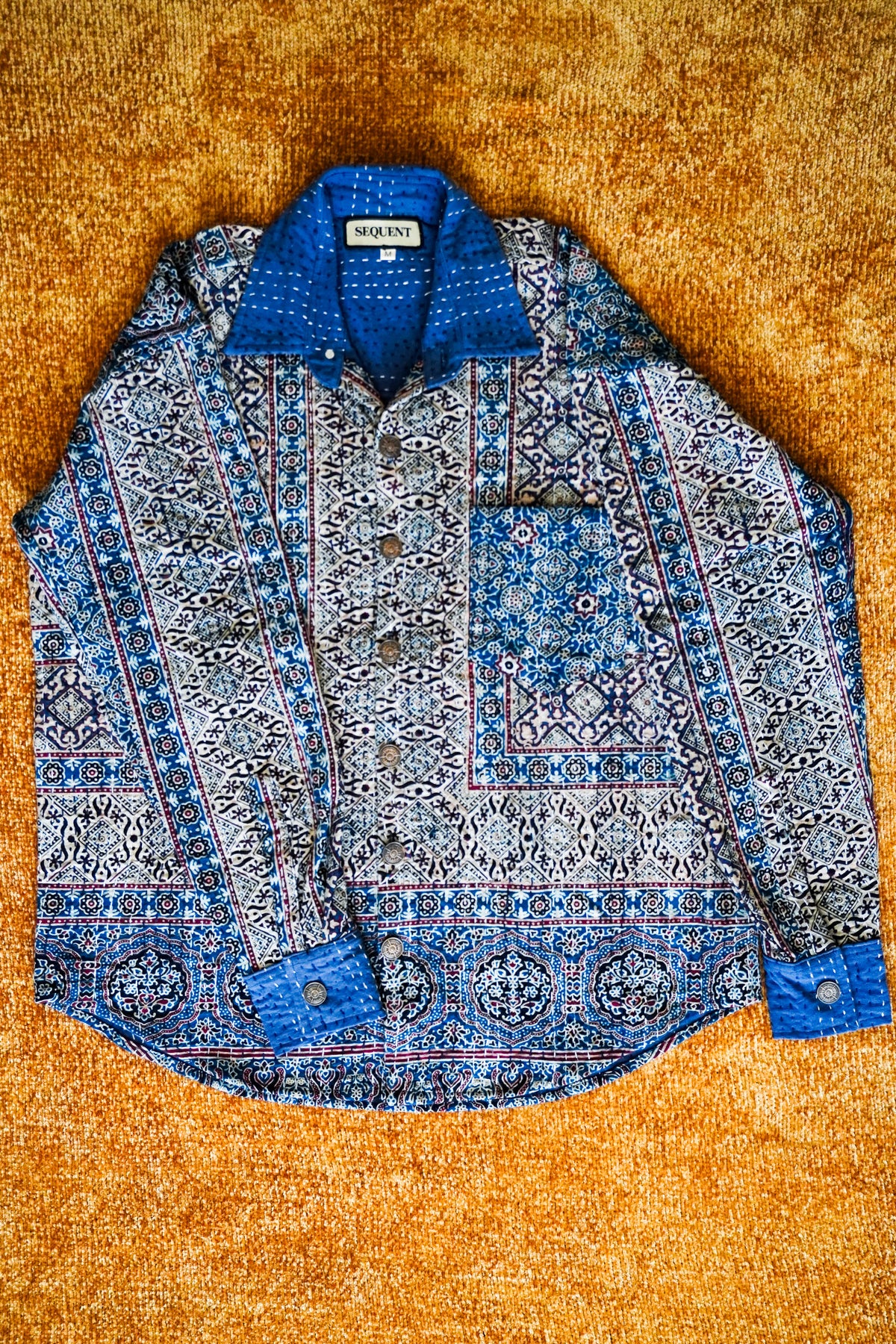 Underwater Current Ajrakh Kantha Shirt