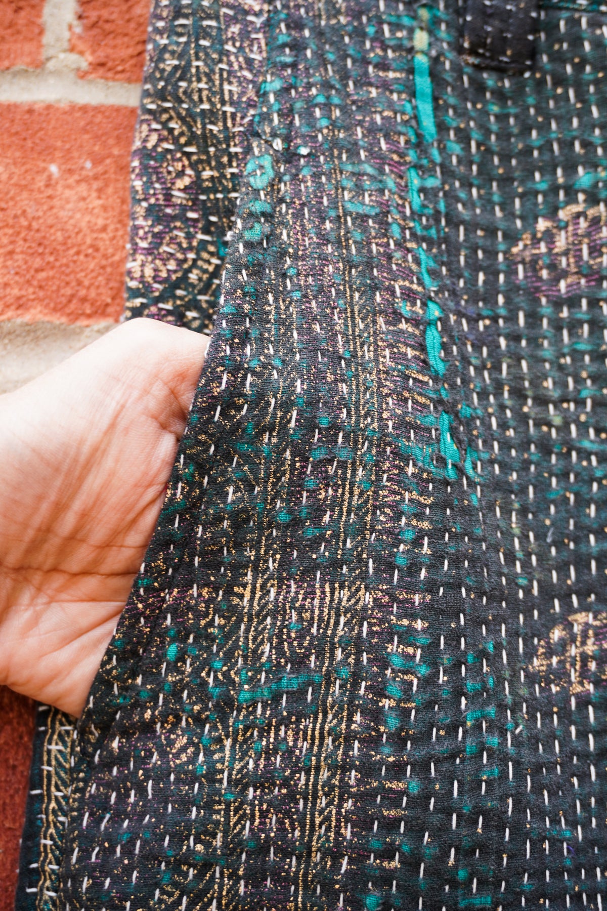 Emerald and Gold Vintage Kantha Trousers No. XXVI — One of One
