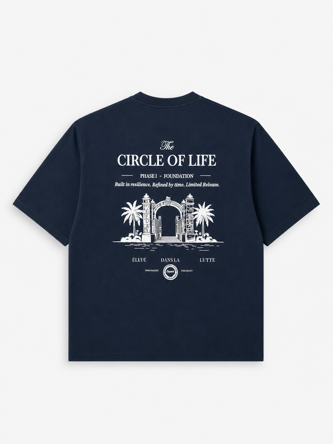 A navy blue short-sleeve t-shirt with a white graphic print on the back, featuring the text 'The CIRCLE OF LIFE' and a palm tree arch illustration, displayed against a light gray background.