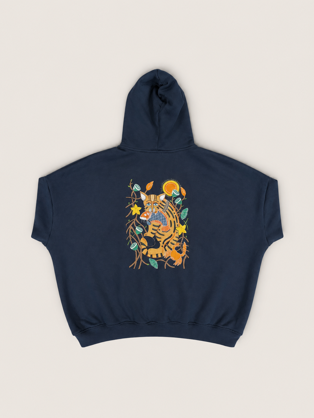 A heavyweight 480 GSM Cotton Fleece Hoodie with embroidered Fishing cat portrait at the back. 