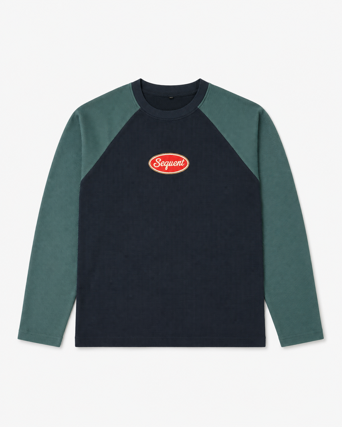 A long-sleeve raglan crewneck sweatshirt in navy and dark green, featuring a red oval embroidered 'Sequent' logo on the chest, displayed against a light gray background.