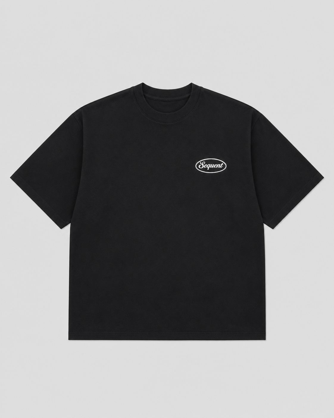 Black t-shirt with a 'Sequent' logo on a light gray background
