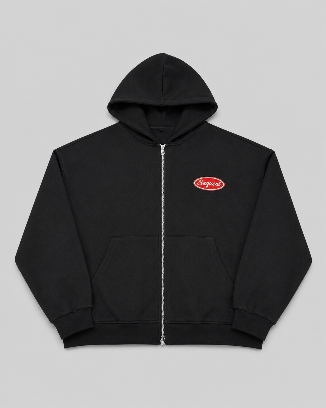Black hoodie with a red 'Sequent' logo on a gray background