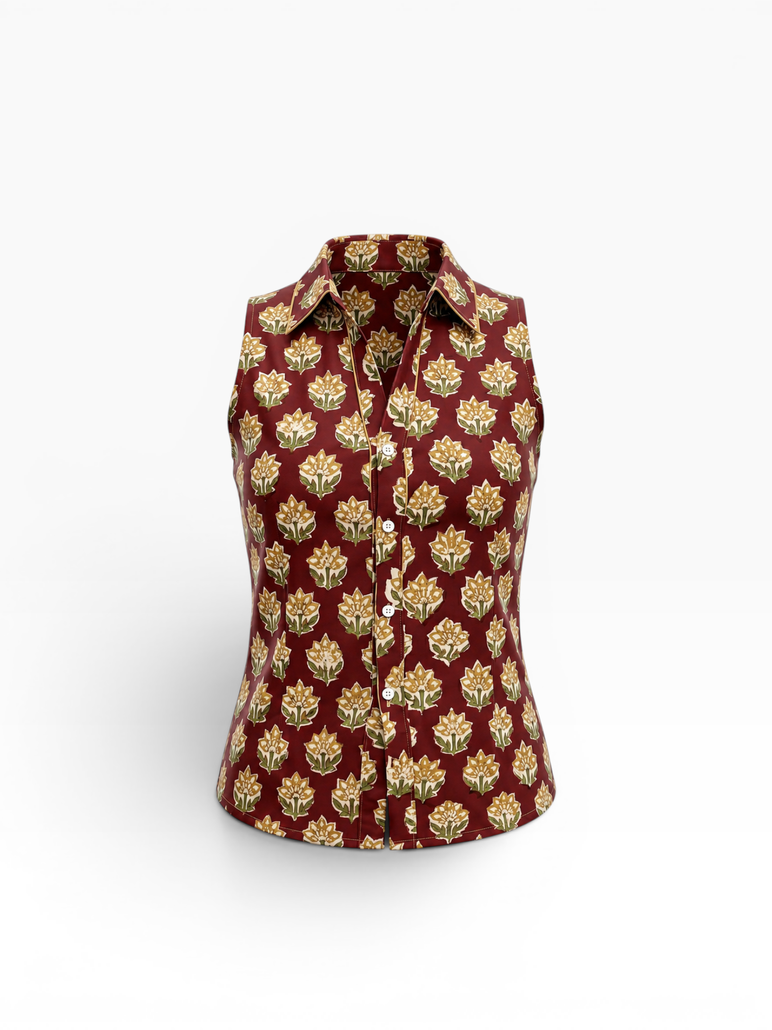 This 100% cotton Hand Block painted Maroon sleeveless button down shirt with gold floral pattern on a white background