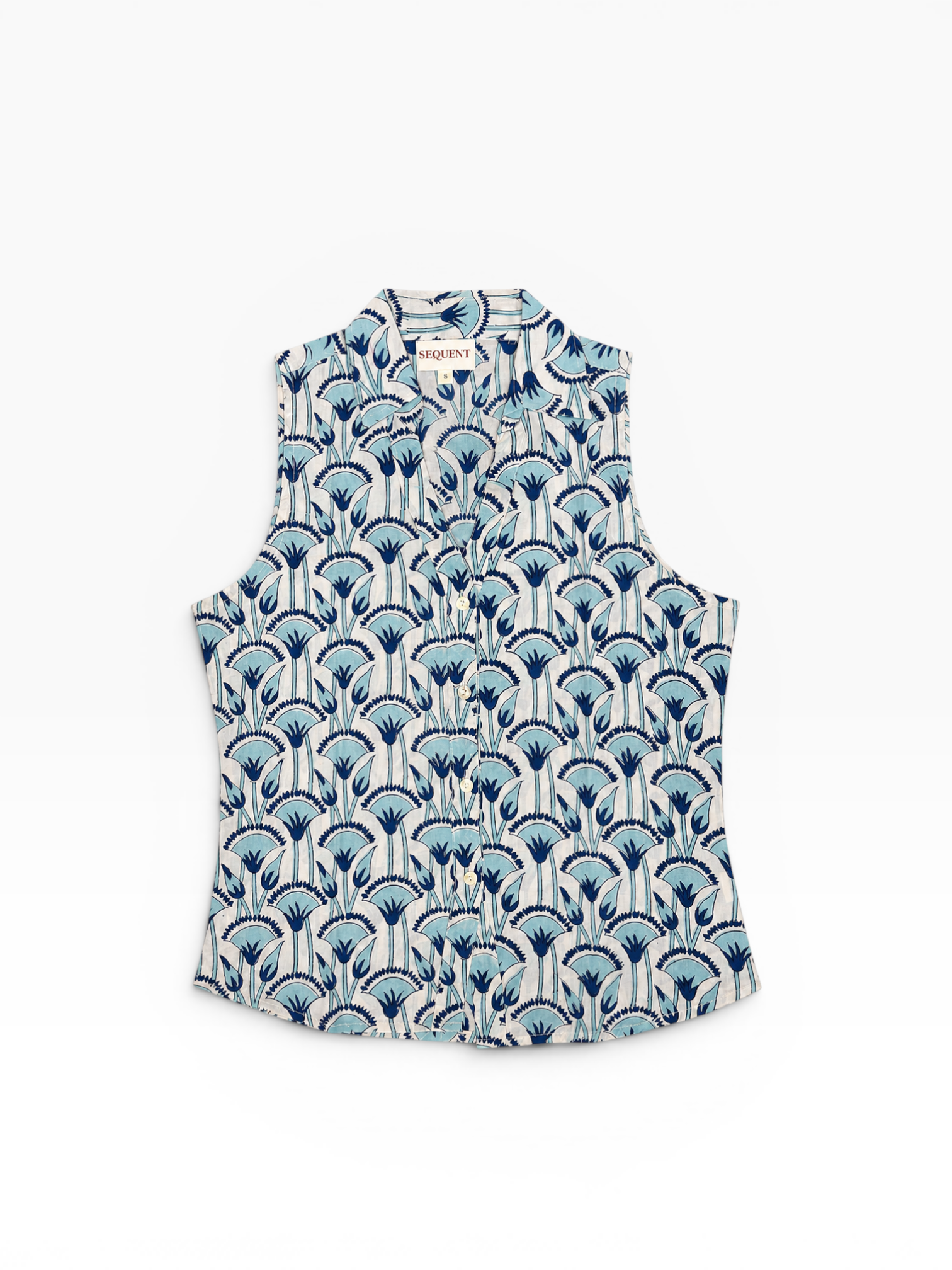 Sleeveless 100% cotton button down shirt with hand block painted blue and white pattern on a white background