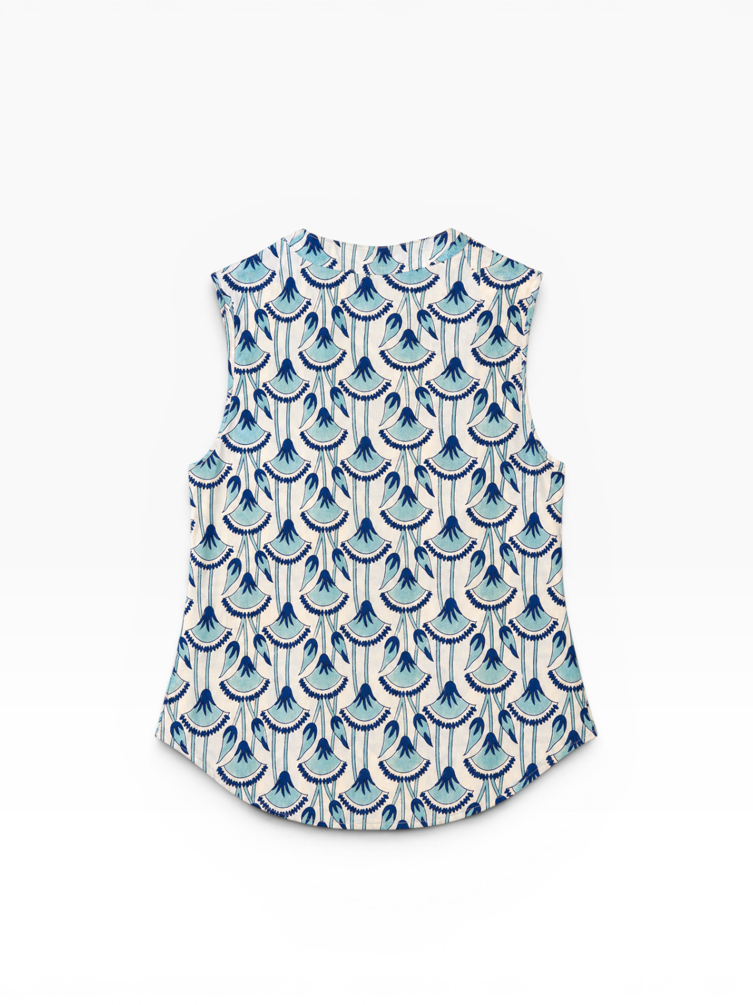 Sleeveless hand block painted 100% cotton shirt, as seen from the back, with blue geometric pattern on a white background
