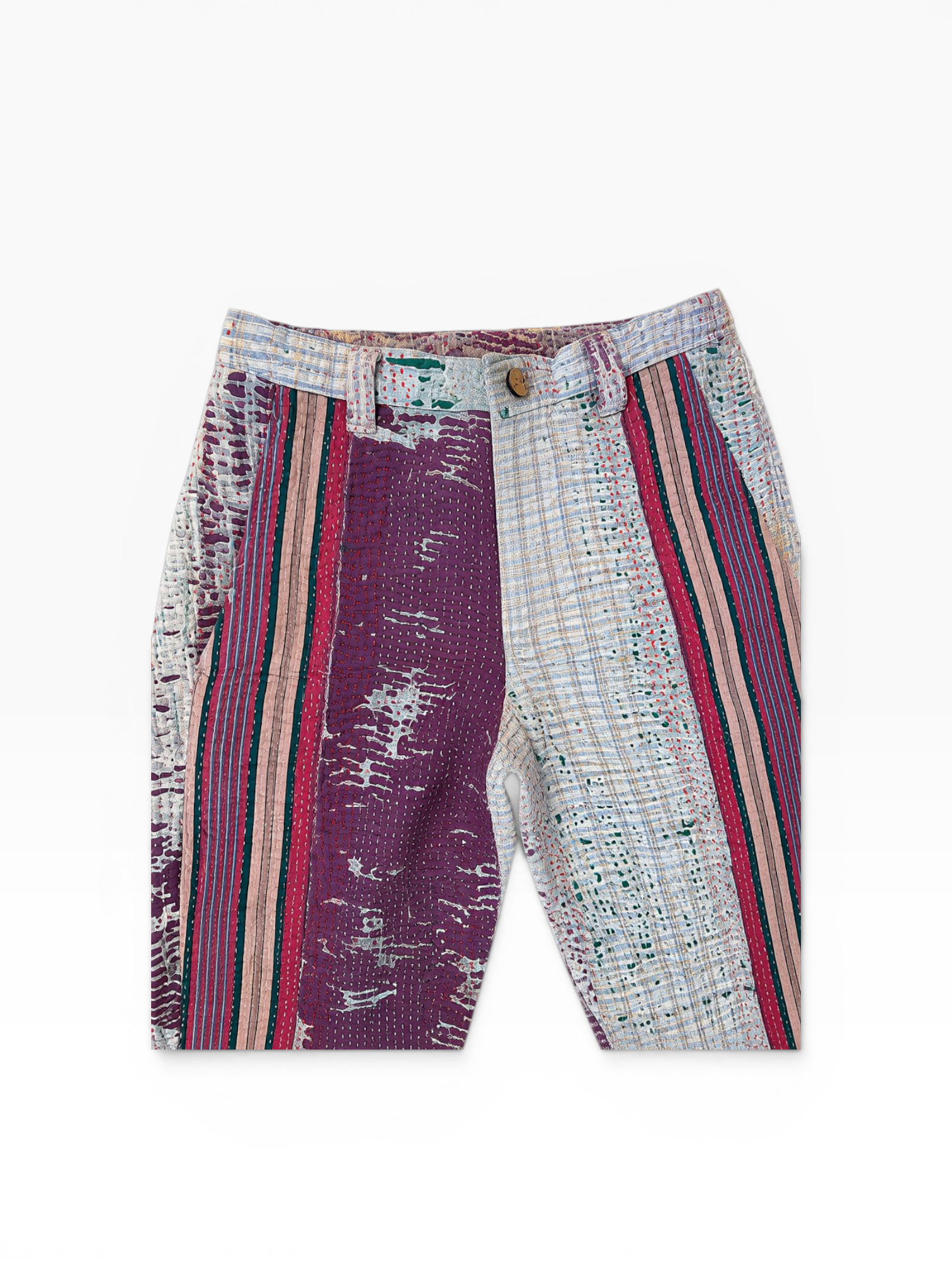 Multicolored striped vintage kantha trousers on a white background