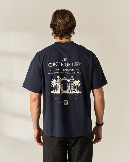 A man viewed from behind wearing a navy blue t-shirt with a large white graphic print on the back. The graphic features the text 'The CIRCLE OF LIFE' above an illustration of the Arc de Triomphe with palm trees.