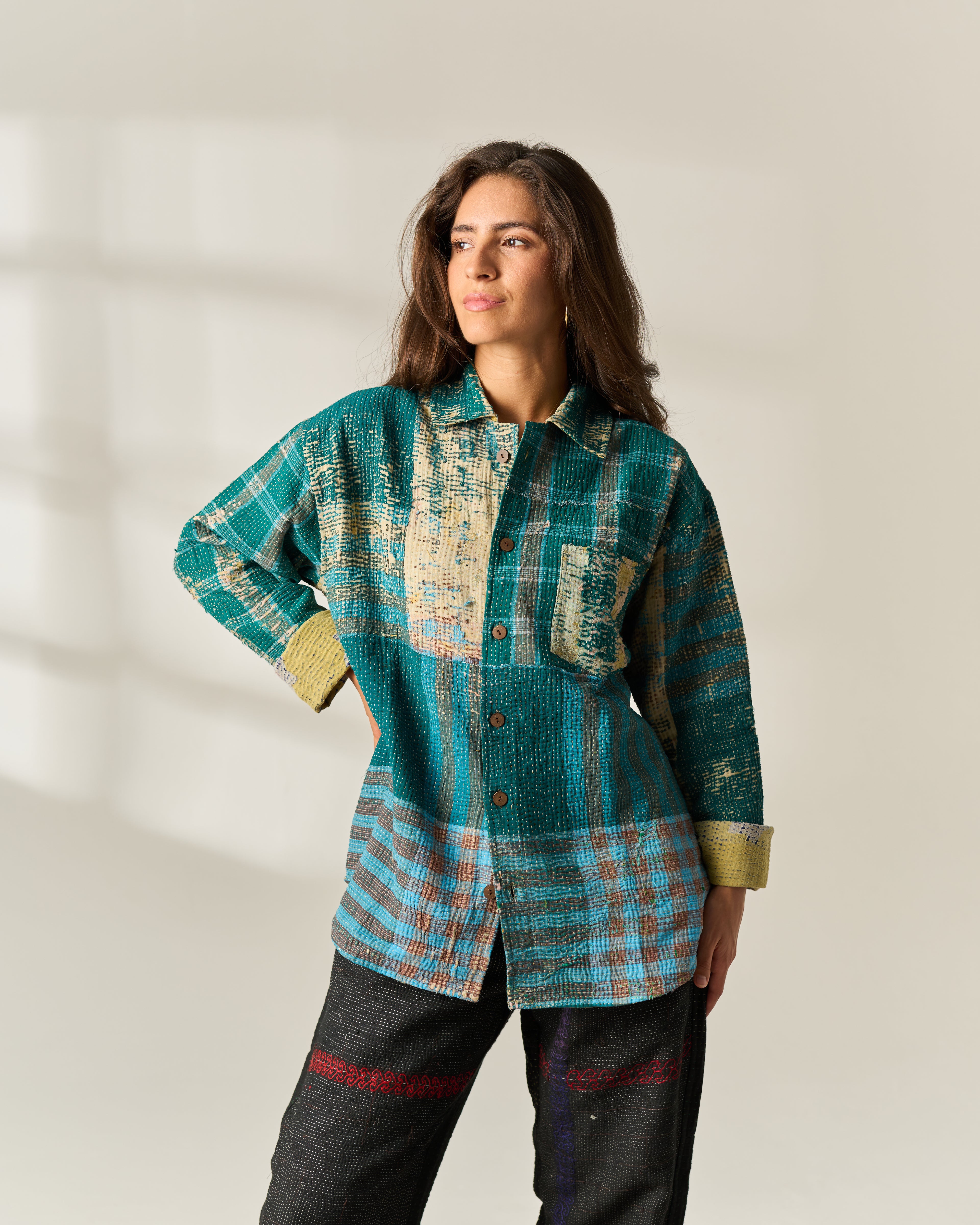 Teal Patchwork Kantha Overshirt No. XLIII — One of One