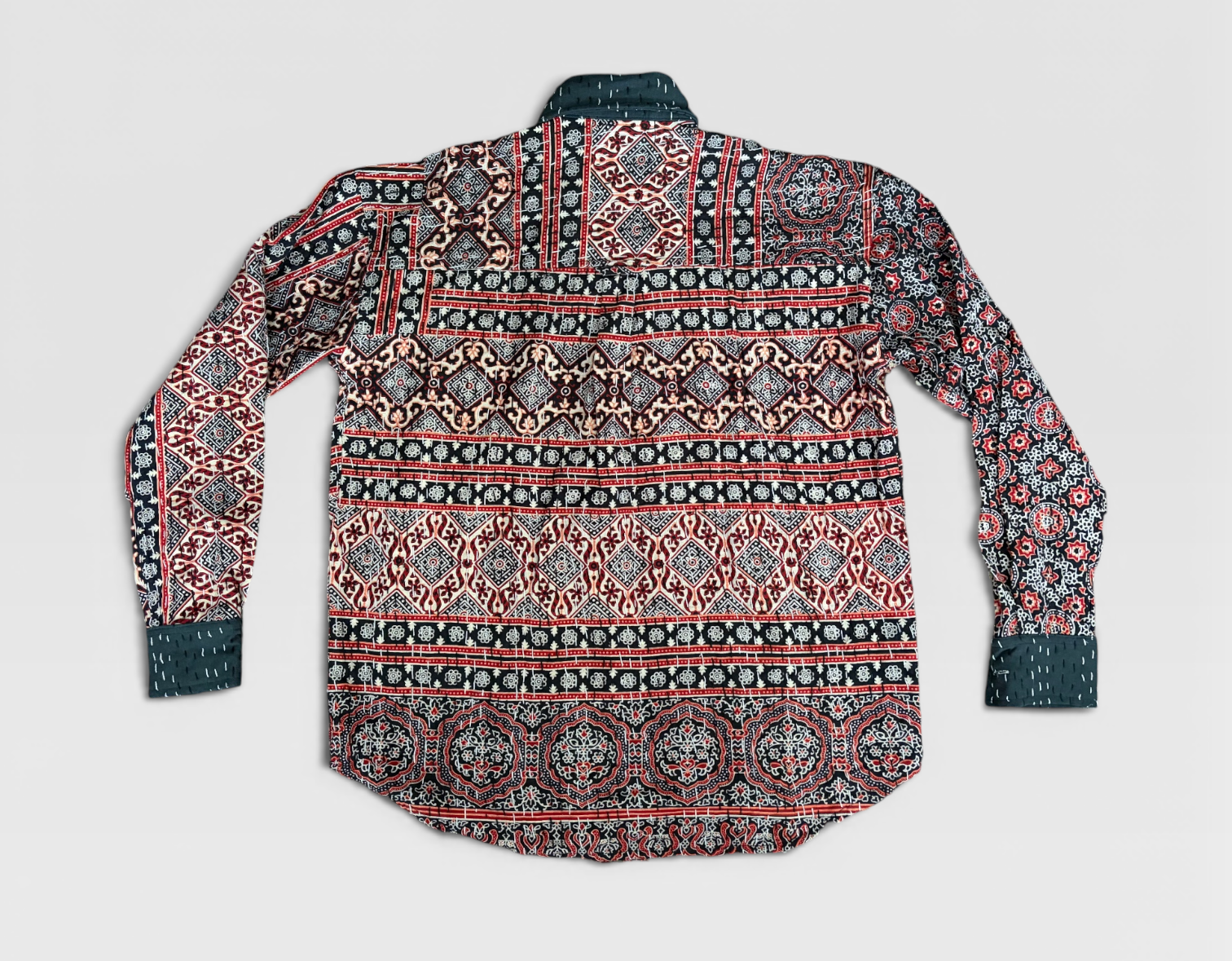Long-sleeve Ajrakh Kantha shirt with a pattern on a light gray background